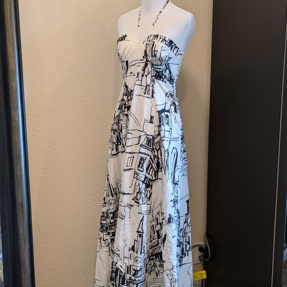 Commense Black & White Sketch Print Halter Maxi Dress | XS | NWT